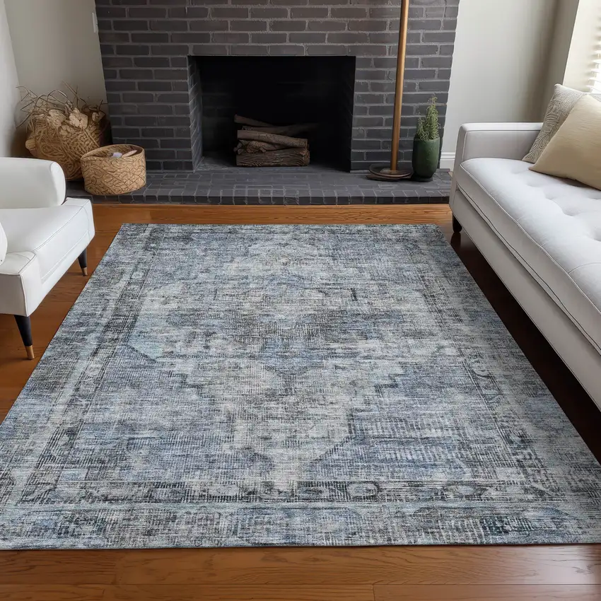 Blue Gray And Ivory Oriental Washable Indoor Outdoor Area Rug Photo 7