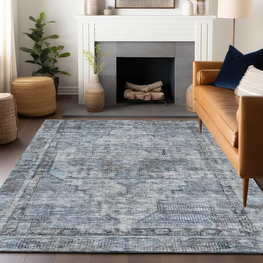 Blue Gray And Ivory Oriental Washable Indoor Outdoor Area Rug Photo 6