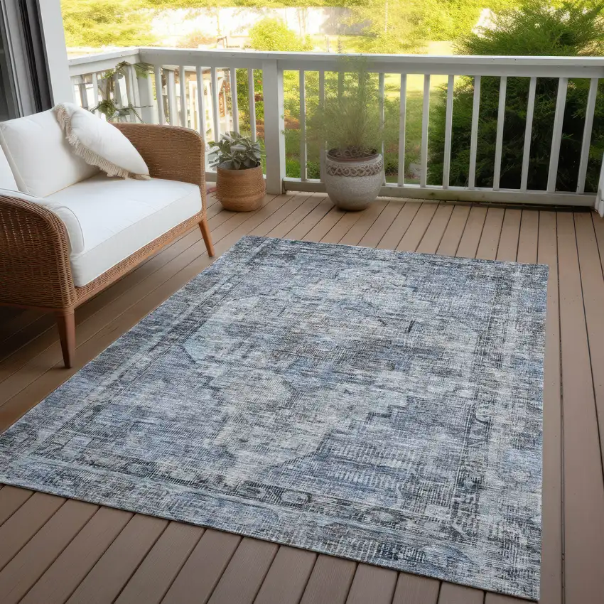 Blue Gray And Ivory Oriental Washable Indoor Outdoor Area Rug Photo 5