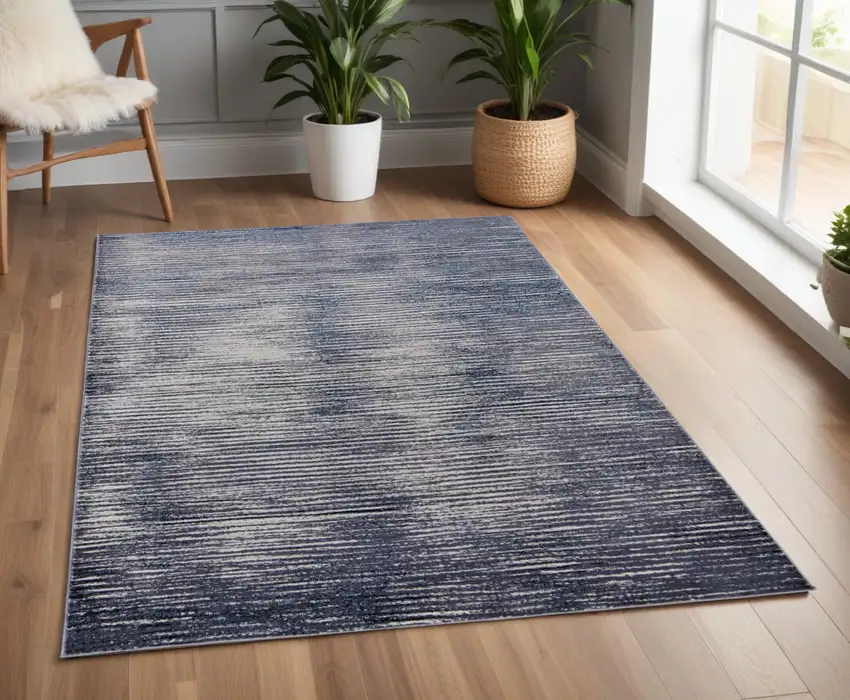 Blue and Ivory Striped Power Loom Distressed Non Skid Area Rug Photo 1