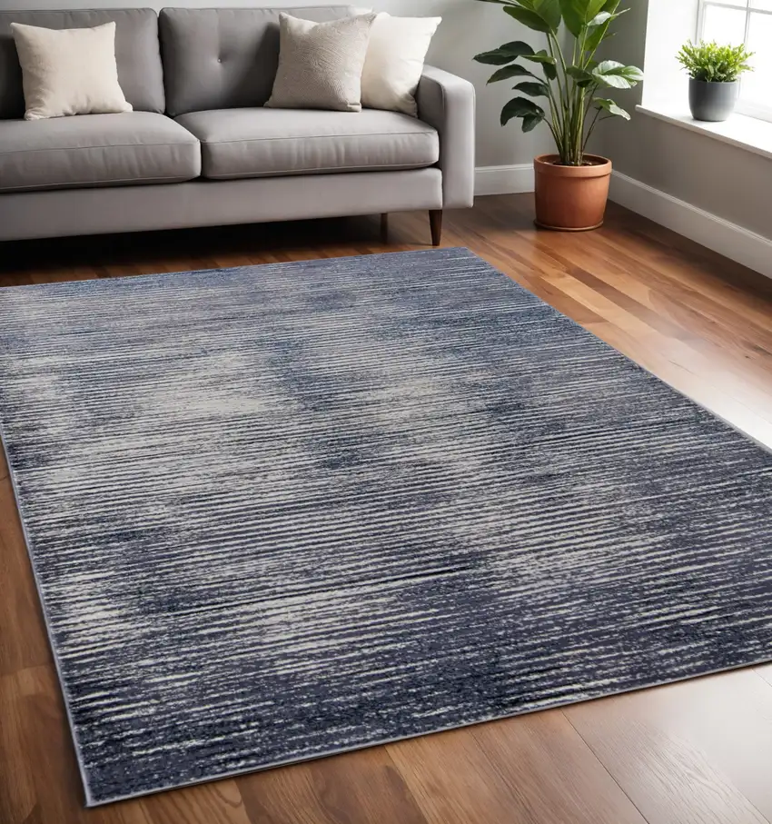 Blue and Ivory Striped Power Loom Distressed Non Skid Area Rug Photo 1