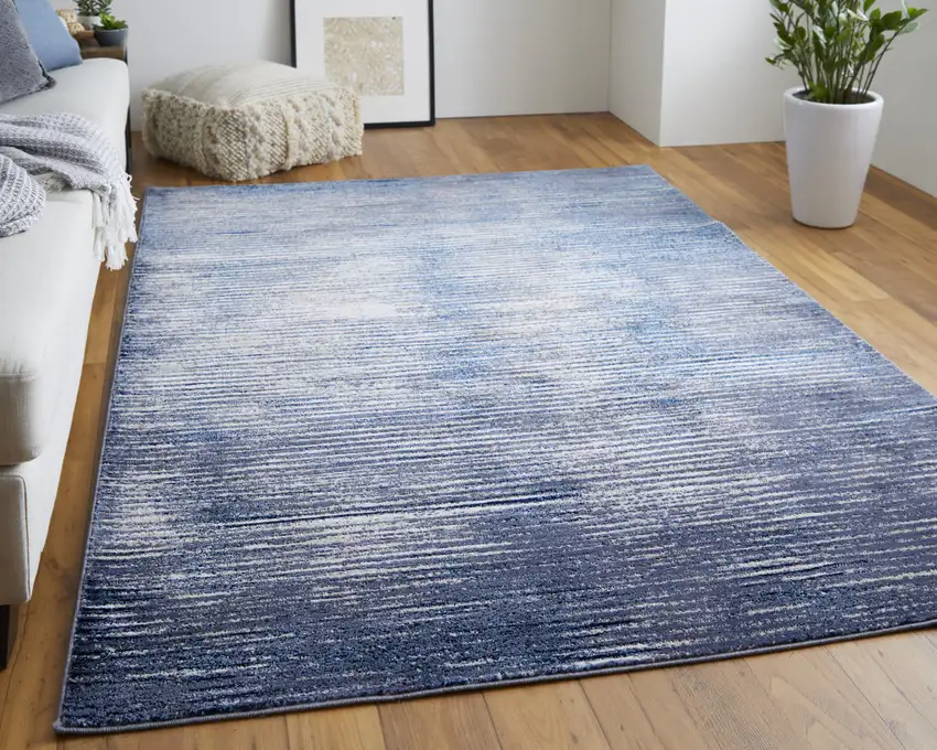 Blue and Ivory Striped Power Loom Distressed Non Skid Area Rug Photo 9