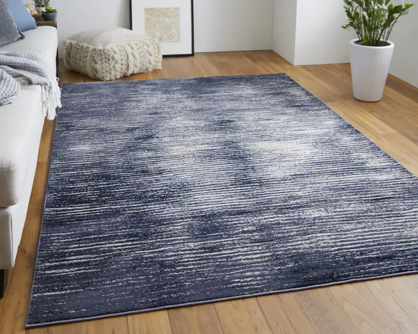 Blue and Ivory Striped Power Loom Distressed Non Skid Area Rug Photo 6