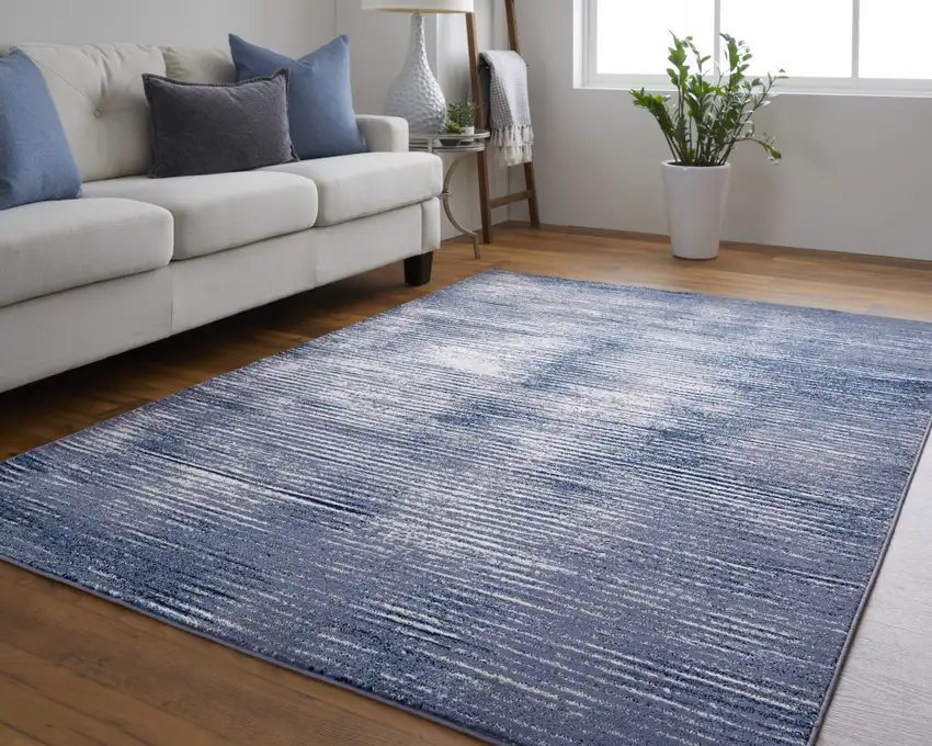 Blue and Ivory Striped Power Loom Distressed Non Skid Area Rug Photo 8