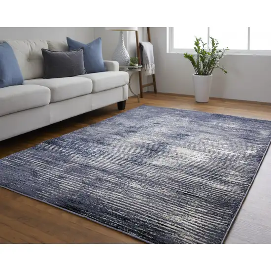 Blue and Ivory Striped Power Loom Distressed Non Skid Area Rug Photo 5