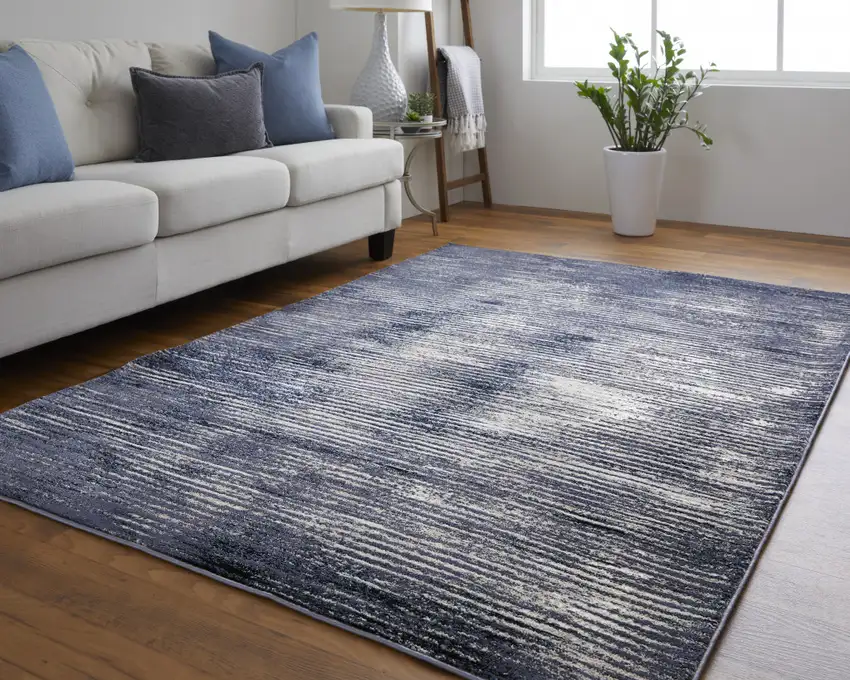 Blue and Ivory Striped Power Loom Distressed Non Skid Area Rug Photo 5