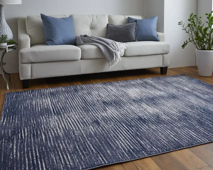 Blue and Ivory Striped Power Loom Distressed Non Skid Area Rug Photo 7