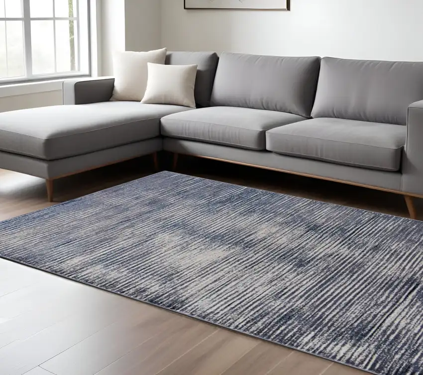 Blue and Ivory Striped Power Loom Distressed Non Skid Area Rug Photo 1