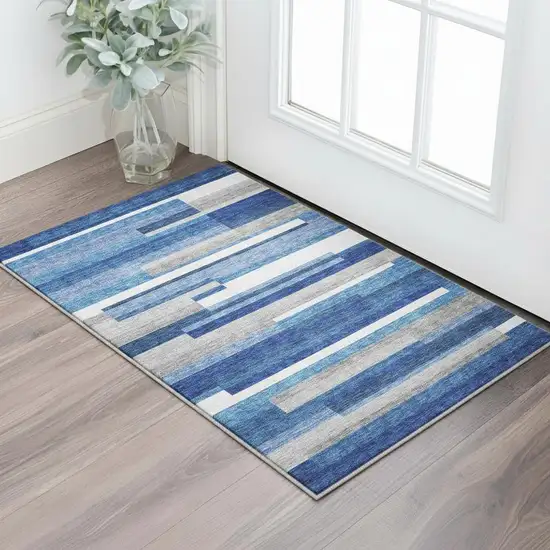 Blue Gray And Ivory Striped Washable Area Rug With UV Protection Photo 2