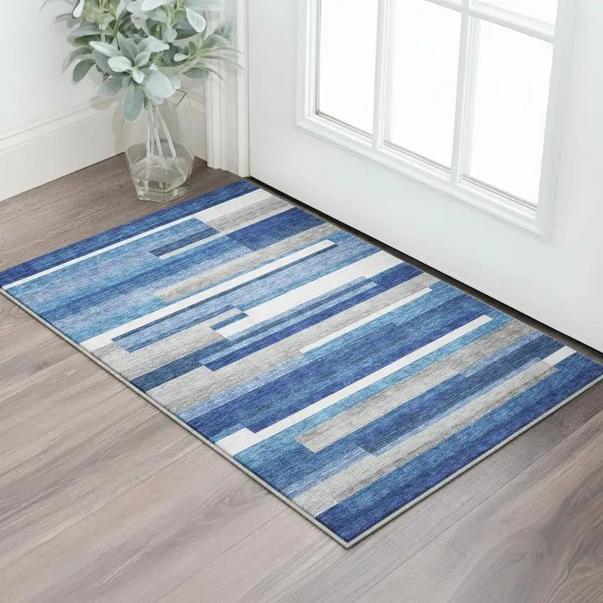 Blue Gray And Ivory Striped Washable Area Rug With UV Protection Photo 2