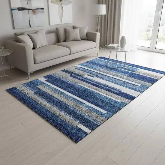 Blue Gray And Ivory Striped Washable Area Rug With UV Protection Photo 2