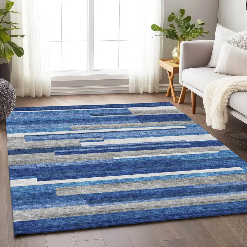 Blue Gray And Ivory Striped Washable Area Rug With UV Protection Photo 5