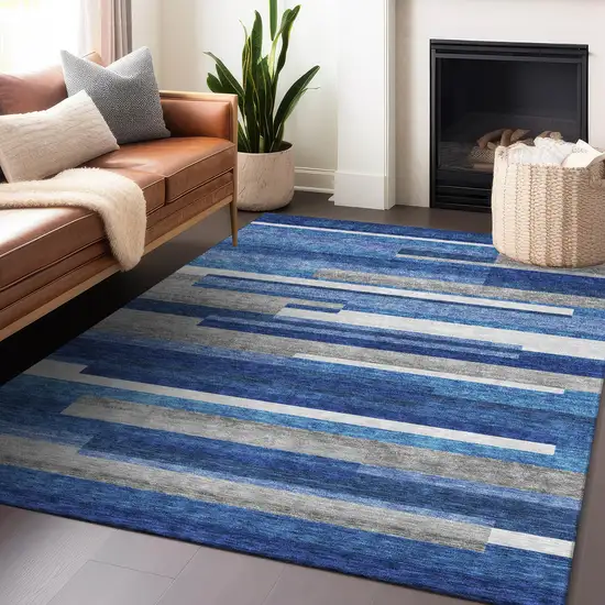 Blue Gray And Ivory Striped Washable Area Rug With UV Protection Photo 6