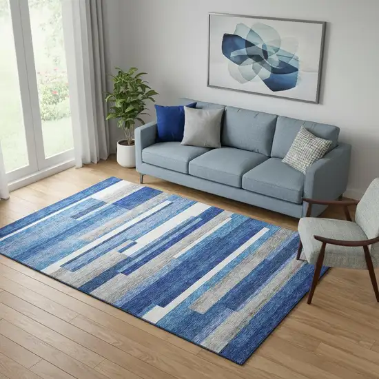 Blue Gray And Ivory Striped Washable Area Rug With UV Protection Photo 1