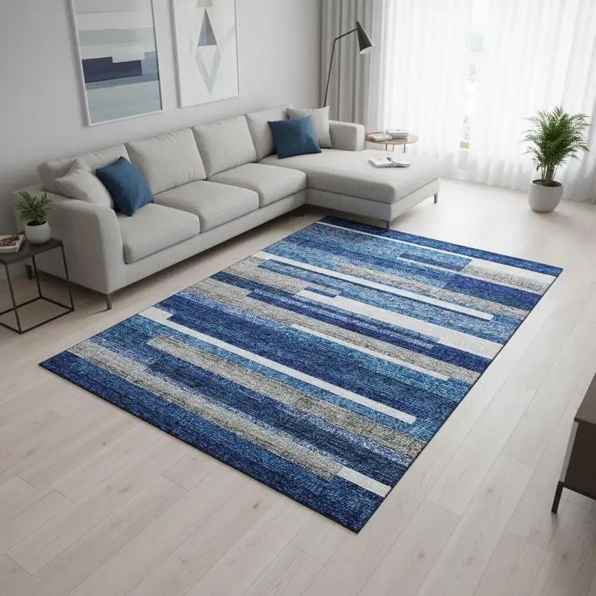 Blue Gray And Ivory Striped Washable Area Rug With UV Protection Photo 2