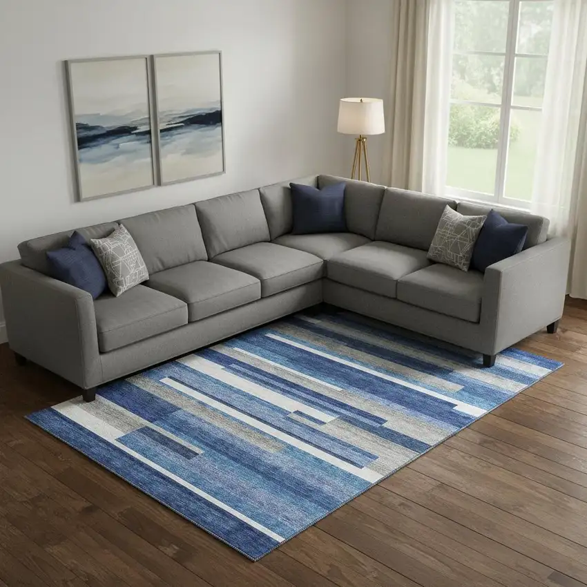 Blue Gray And Ivory Striped Washable Area Rug With UV Protection Photo 1