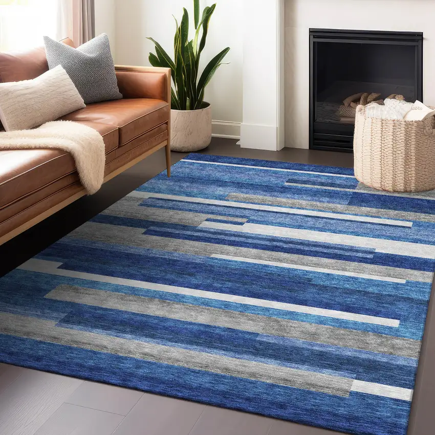 Blue Gray And Ivory Striped Washable Area Rug With UV Protection Photo 6