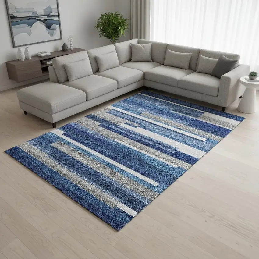 Blue Gray And Ivory Striped Washable Area Rug With UV Protection Photo 2