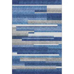 Photo of Blue Gray And Ivory Striped Washable Area Rug With UV Protection