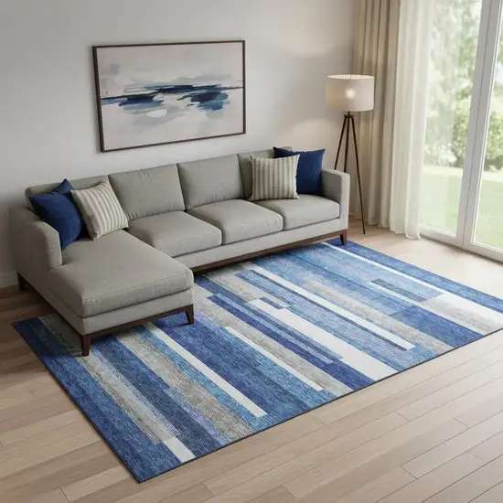 Blue Gray And Ivory Striped Washable Area Rug With UV Protection Photo 1