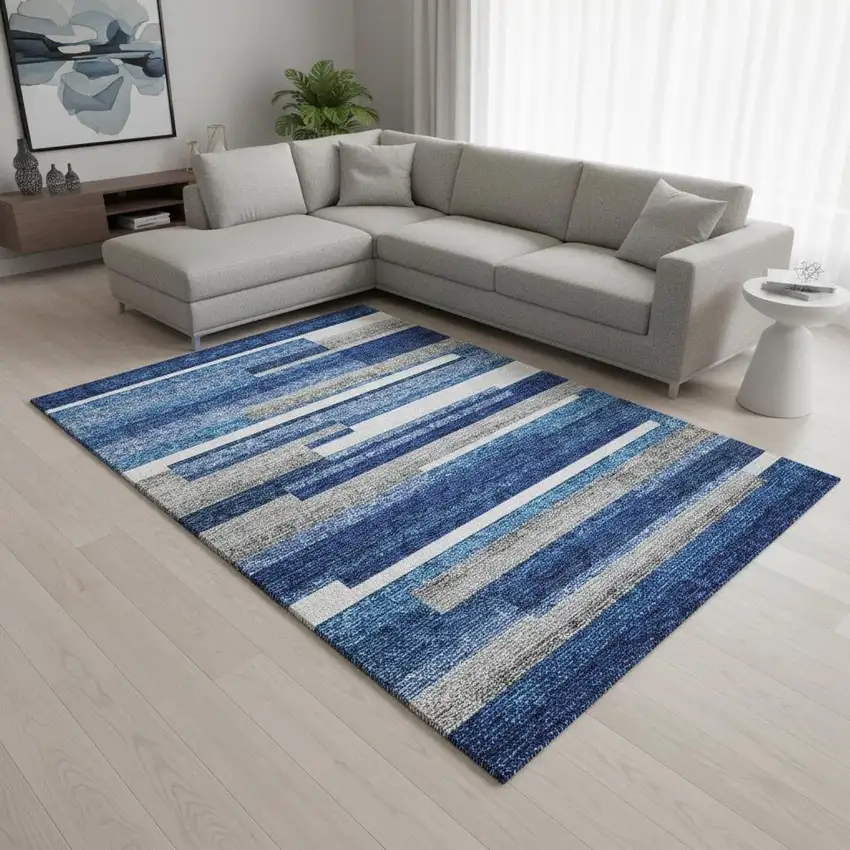 Blue Gray And Ivory Striped Washable Area Rug With UV Protection Photo 2