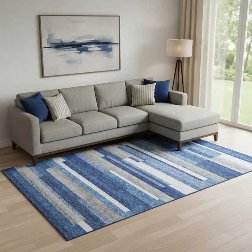 Blue Gray And Ivory Striped Washable Area Rug With UV Protection Photo 1