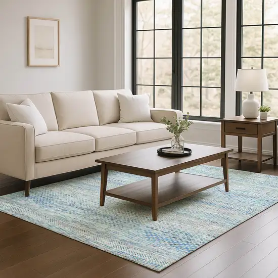 Blue Gray And Ivory Striped Washable Area Rug With UV Protection Photo 4