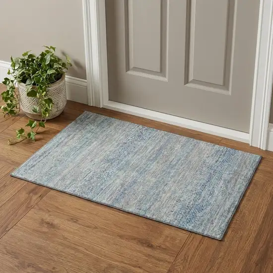 Blue Gray And Ivory Striped Washable Area Rug With UV Protection Photo 1