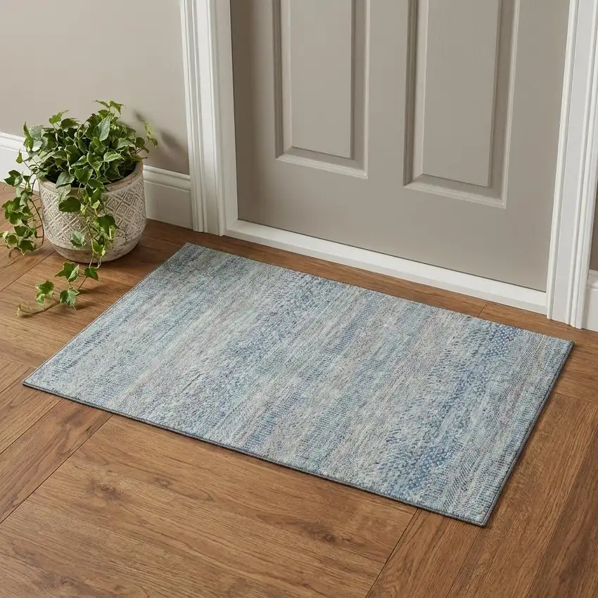 Blue Gray And Ivory Striped Washable Area Rug With UV Protection Photo 1
