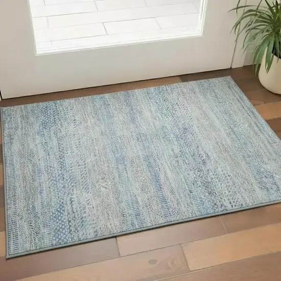 Blue Gray And Ivory Striped Washable Area Rug With UV Protection Photo 2