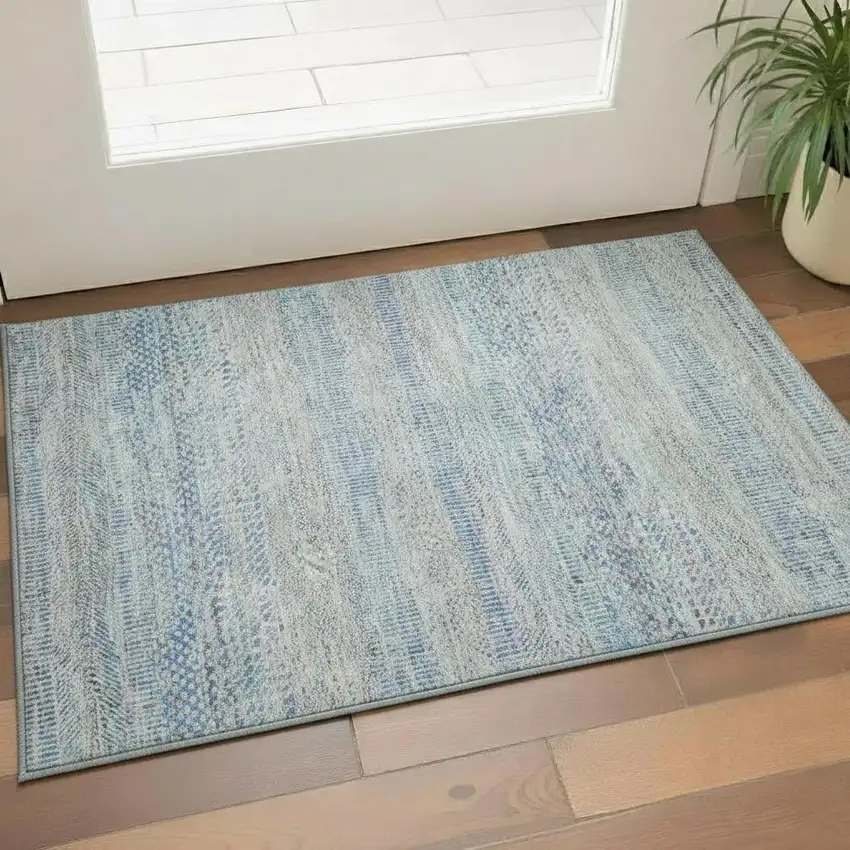 Blue Gray And Ivory Striped Washable Area Rug With UV Protection Photo 2