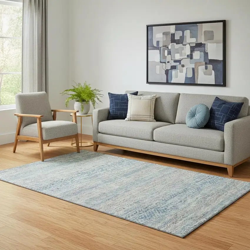 Blue Gray And Ivory Striped Washable Area Rug With UV Protection Photo 2