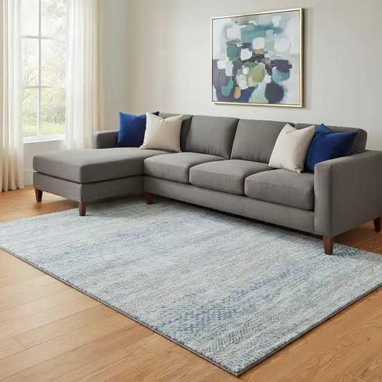 Blue Gray And Ivory Striped Washable Area Rug With UV Protection Photo 2