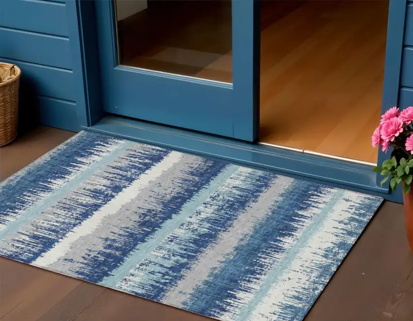 Blue Gray And Ivory Striped Washable Indoor Outdoor Area Rug Photo 1