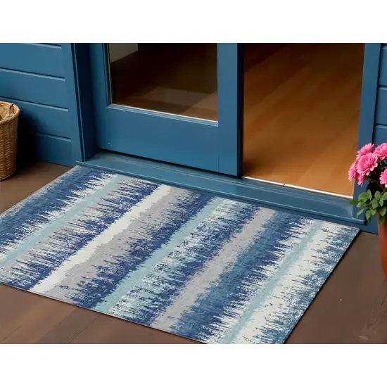 Blue Gray And Ivory Striped Washable Indoor Outdoor Area Rug Photo 1