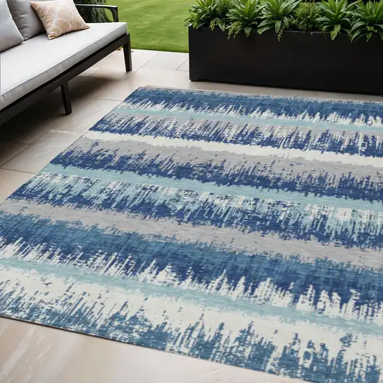 Blue Gray And Ivory Striped Washable Indoor Outdoor Area Rug Photo 1