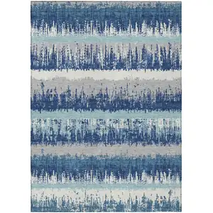 Photo of Blue Gray And Ivory Striped Washable Indoor Outdoor Area Rug