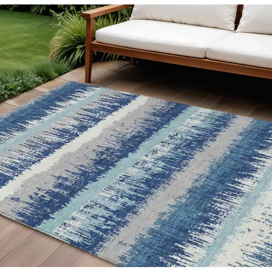 Blue Gray And Ivory Striped Washable Indoor Outdoor Area Rug Photo 1