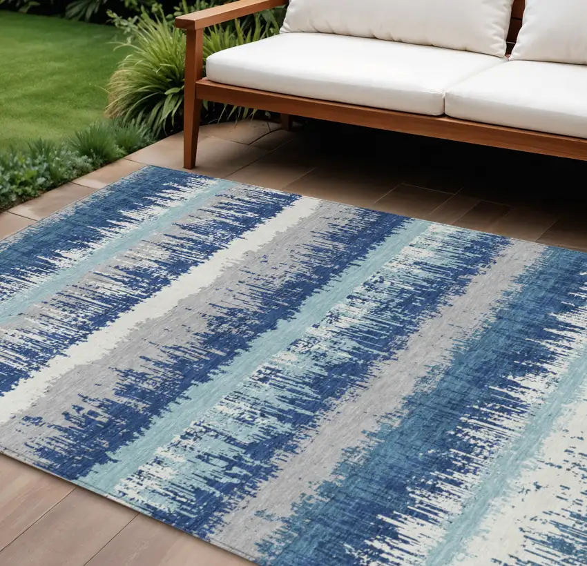 Blue Gray And Ivory Striped Washable Indoor Outdoor Area Rug Photo 1
