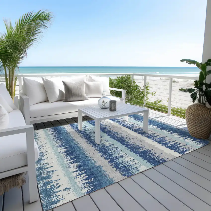 Blue Gray And Ivory Striped Washable Indoor Outdoor Area Rug Photo 9