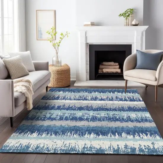 Blue Gray And Ivory Striped Washable Indoor Outdoor Area Rug Photo 8