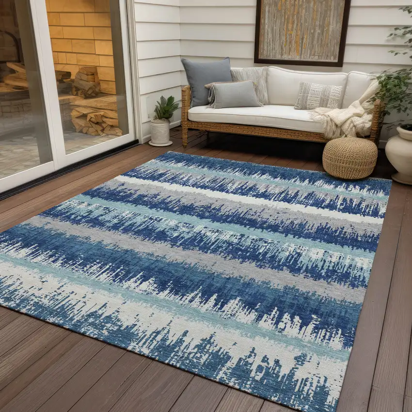 Blue Gray And Ivory Striped Washable Indoor Outdoor Area Rug Photo 7