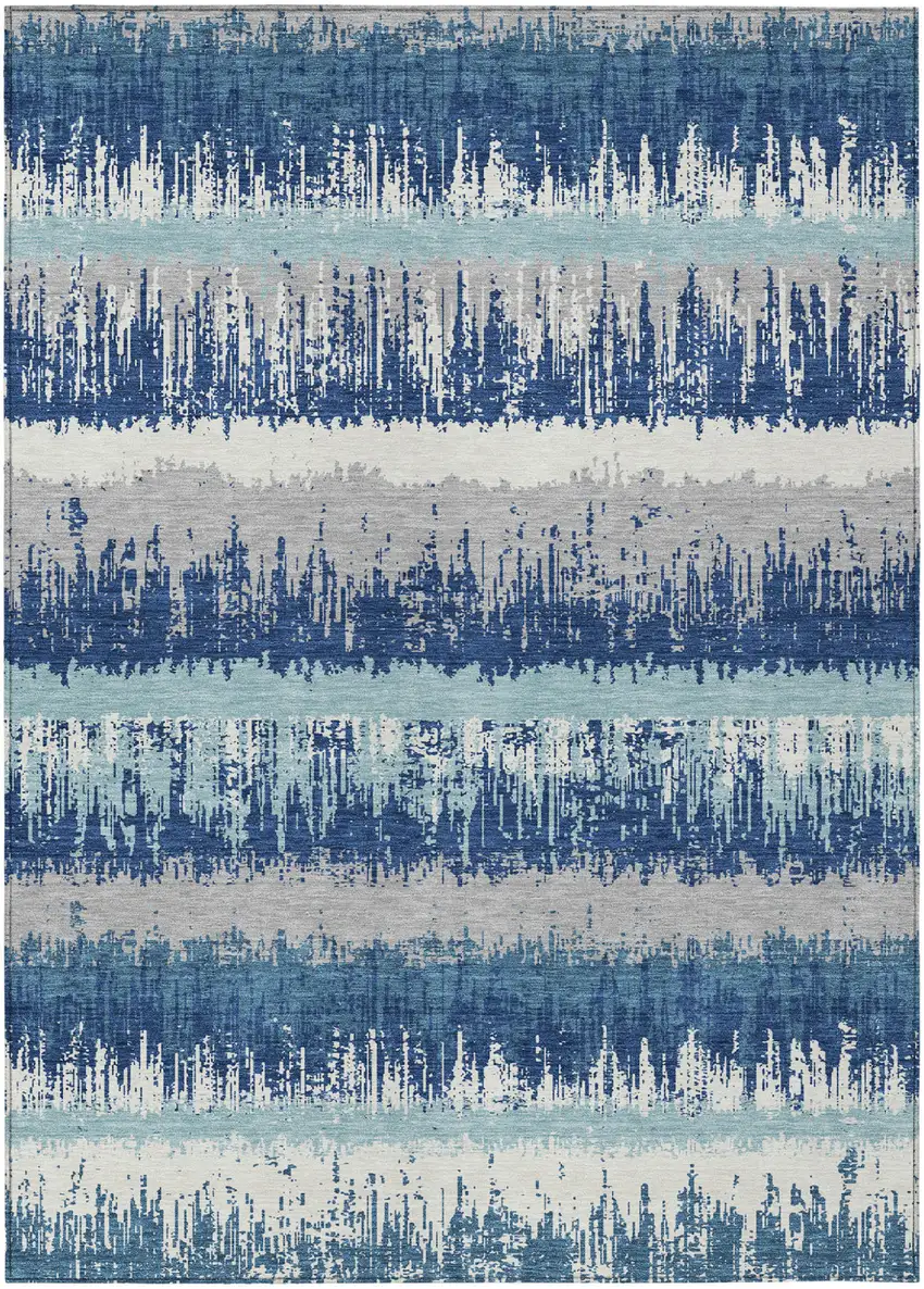 Blue Gray And Ivory Striped Washable Indoor Outdoor Area Rug Photo 2