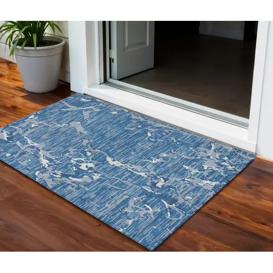 Blue Gray And Ivory Striped Washable Indoor Outdoor Area Rug Photo 1