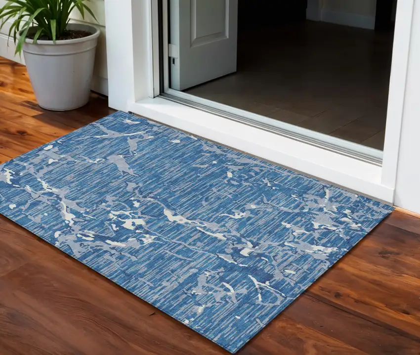 Blue Gray And Ivory Striped Washable Indoor Outdoor Area Rug Photo 1