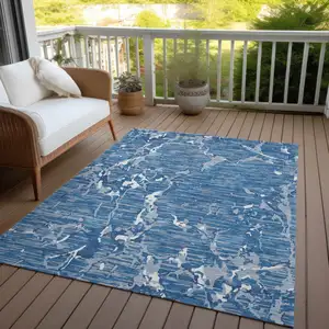 Photo of Blue Gray And Ivory Striped Washable Indoor Outdoor Area Rug