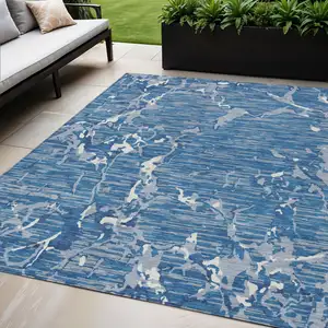 Photo of Blue Gray And Ivory Striped Washable Indoor Outdoor Area Rug