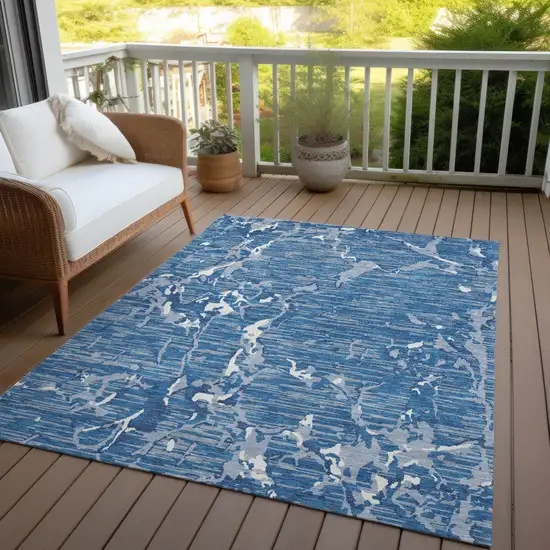 Blue Gray And Ivory Striped Washable Indoor Outdoor Area Rug Photo 7