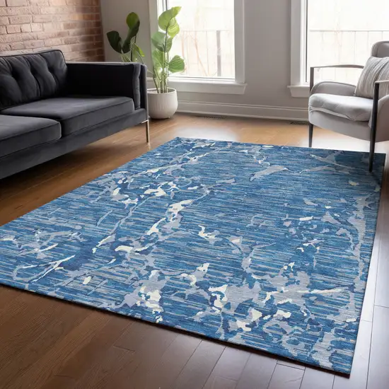 Blue Gray And Ivory Striped Washable Indoor Outdoor Area Rug Photo 8