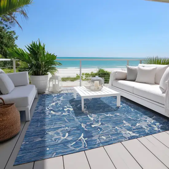 Blue Gray And Ivory Striped Washable Indoor Outdoor Area Rug Photo 9